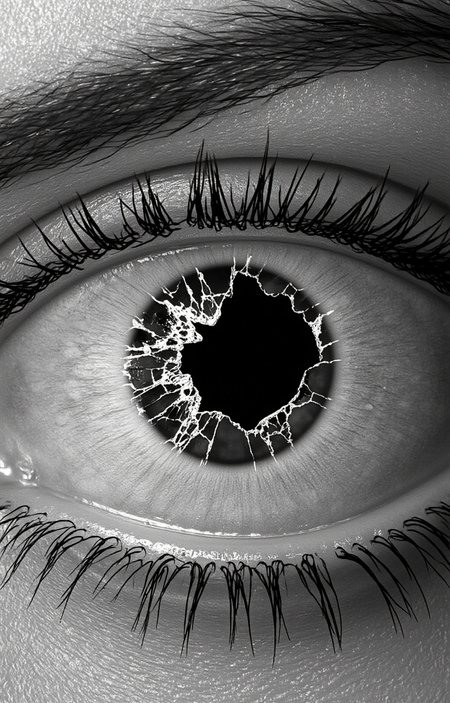 black-and-white photograph captures an extremely close-up view of a human eye, with a shattered glass pane directly centered within the pupil. The eye is framed by thick, detailed eyelashes that are meticulously rendered, showing individual strands with a high level of realism. The iris and pupil are rendered in fine detail, with the shattered glass pane appearing as a dark, jagged hole in the center. The glass fragments are depicted with sharp, angular edges, some of which are still intact, while others have splintered into smaller pieces, creating a chaotic, chaotic pattern of cracks and shards. The eye itself is surrounded by skin that is textured with fine lines and pores, adding a realistic, tactile feel to the image. The background is blurred, focusing the viewer's attention on the eye and the shattered glass. The photograph is high in contrast, with the black-and-white palette emphasizing the sharpness of the glass and the delicate textures of the eye. The overall mood is intense and dramatic, capturing a moment of vulnerability and fragility., <lora:aidmaImageUpraderv0.3:0.4>, aidmaimageupgrader, <lora:diffusion_pytorch_model:1>, <lora:aidmaMJ6.1_v0.5_3:0.7>, aidmaMJ6.1, ultra quality, ultra detailed, intricate details