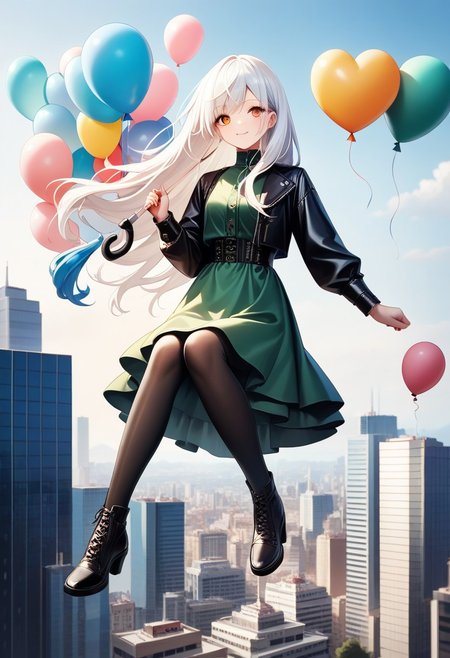 (masterpiece), (score_9, score_8_up, score_7_up,source_anime), best quality, ultra-detailed,24K, illustration, (Uncorrected), CG, 
Latex, girl, holding umbrella,
Multiple balloons, huge balloon, (heart-shaped ballons:1.2). 
(Girl sitting on balloons, floating, white hair, ultra-long hair, amber eyes, ultra-detailed eyes:1.2), green dress, jacket, pantyhose, leather shoes, 
in Rooftop of Skyscraper, modern city, Skyscraper,