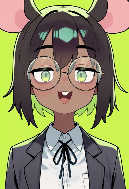 masterpiece, best quality, very aesthetic, high resolution, ultra-detailed, absurdres, newest, extremely detailed eyes, beautiful, perfect lighting, hi res, amazing quality, very awa, Brittle_ST, 1girl, animal ears, glasses, dark skin, green eyes, round eyewear, open mouth, dark-skinned female, colored inner hair, looking at viewer, mouse ears, white shirt, short hair, buck teeth, collared shirt, upper teeth only, green background, black hair, bangs, portrait, green hair, multicolored hair, ribbon, jacket, smile, two-tone hair, brown hair, hatched style