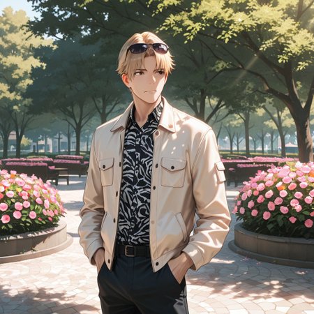 masterpiece, best quality, amazing quality, absurdres, newest, detailed background, definition so sharp, Ultra-HD, 8K cinematic, very awa, impressionate, amazing quality, highres, 
solo, male focus, manly, 
1boy, short hair, izumo_blonde, izumo_brown eyes, izumokusanagi, sunglasses \(on head\), stylish outfit, light jacket, patterned shirt, urban park, daytime, sunlight, dappled light, blooming flowers, pleasant atmosphere, approachable, laid back, standing, hands in pockets, confident posture,