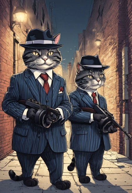 three cartoon cats wearing striped suits and fedoras in an alleyway with machine guns, tmmygn, cartoon, mafia, mobsters,
