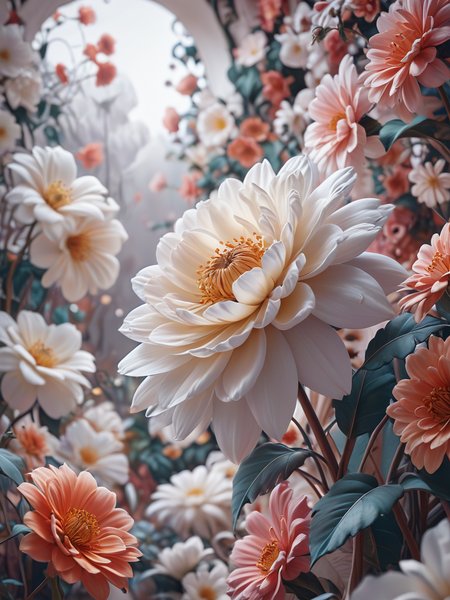 abstract, concept: a dream in full bloom, floral elements, big flowers, intricate, stunning, mimalist, white, subtle, classy, luxury, magical realm effect, enchanting, illustration, beauty of contrast color pairing, east meets west, juxtaposition, cinematic,    <lora:Cute_3D_Cartoon:0.8>