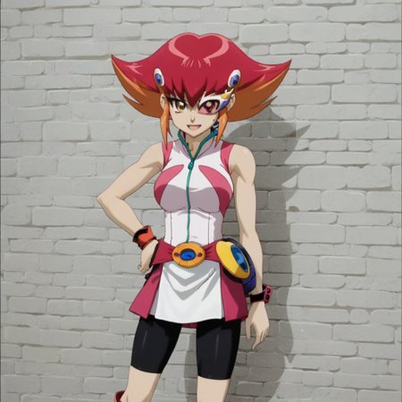 1girl, anna kaboom, sleeveless, bike trunks, yellow eyes, multi-colored hair, red hair, yellow hair, breasts