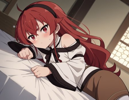 score_9, score_8_up, score_7_up, source_anime,
erisgreyrat, <lora:eris-boreas-greyrat-s1-ponyxl-lora-nochekaiser:1>,
eris greyrat, ahoge, hair between eyes, long hair, red eyes, red hair, sidelocks,
black hairband, black ribbon, brown skirt, hairband, long sleeves, neck ribbon, pantyhose, ribbon, shirt, shoulder cutout, skirt, white pantyhose, white shirt, wide sleeves,
indoors, bed, bed room, on side, blush, drunk,
looking at viewer, dutch angle, cowboy shot,