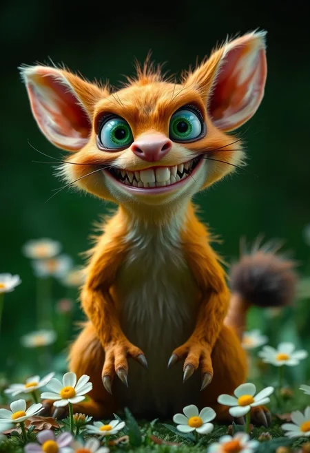 The image shows an exaggerated, cartoon-like creature with large green eyes, sharp teeth, and a wide, mischievous smile. It has a yellowish-brown fur coat, long whiskers, and sharp claws, with a bushy tail. The setting is a simple flowers green background.  highly detailed, high contrast, film grain, Rim Lighting, absurdres, amazing quality,,solo, smile, simple background, animal ears, sitting, tail, full body, teeth, cat ears, grin, cat tail, no humans, cat, sharp teeth, black background, claws, outline, green theme,realistic,, rich vivid colors, fertile, professional creative, dynamic cinematic perfect background, very coherent 