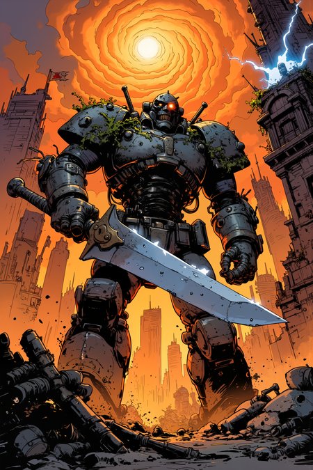 Towering over the ruins of a shattered city, a hulking mecha-warrior, battle-worn and covered in deep scars of war, holds a colossal plasma blade that crackles with unstable energy. Its steel-plated body, rusted and dented, gleams under the eerie glow of a burning orange sky. One of its eyes flickers, half-broken, while the other glows with an ominous red intensity. The ruins beneath its massive feet are littered with shattered drone parts and the skeletal remains of a long-forgotten war. Behind it, twisted skyscrapers lean at impossible angles, their glass windows shattered, vines and strange bioluminescent fungi creeping up their broken facades. In the distance, a vortex of storm clouds churns violently, streaked with flashes of electric-blue lightning, as if the atmosphere itself is tearing apart. A single banner, tattered and barely hanging onto a crumbling tower, flutters weakly in the polluted wind, its insignia long faded. The mechaâs fingers tighten around its blade, its artificial joints groaning slightlyâa lone warrior standing amidst the ghosts of a world that once was.<lora:Ev_Ganin:0.4><lora:Vintage comic book:0.4><lora:RetroAnimeFluxV1:0.15><lora:Greg_Capullo_style:0.4><lora:jeanClaude_Mzires_Style_FLUX-000001:0.4><lora:Flux_Ink_Anime:0.4>
