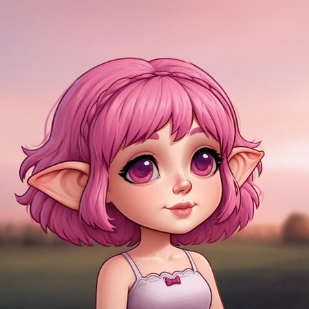 portrait,
Gnome, short stature, big round ears, 
1 girl, pink hair, pink eyes, Cute dress, 
fantasy background, blurred background