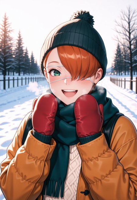 masterpiece,best quality,absurdres,highres,very aesthetic,high quality,detailed,insanely detailed,beautiful,perfect lighting, looking at viewer, 
<lora:Kuin Hachisuka illu:1>1girl, short hair, orange hair, green eyes, white eyepatch, hair over one eye, winter, snowfield, sweater, long skirt, outdoors, scarf, winter, smile, blush, upper body, abstract background, beanie, portrait, alternate costume, white background, looking at viewer, smile, mittens, blush, scarf, heavy breathing, open mouth, hat, winter clothes, pom pom \(clothes\)