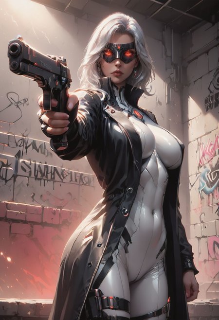 score_9, score_8_up, score_7_up,
beautiful aesthetic, very intricate, high quality details,
ultra realistic, masterpiece, high detailed skin,
vibrant, highly detailed, award-winning, professional BREAK
1girl, solo, mature female, white bodysuit, long coat, black coat, open coat,
silver hair, large breasts,
thigh holster,
(BrnWshV), (head-mounted_display), red display, cowboy shot,
serious, right pistol, holding pistol, aiming at viewer, from side,
indoors, graffiti, detailed background, night lighting, vivid colours,
science fiction, night, red glowing, neon
<lora:incase-ilff-v3-4:0.3> <lora:gg3:0.3> <lora:princess_xl_v2:0.4> <lora:T-Rex_Studio_Style_v2.0:0.5> <lora:v1BrnWshVisor:1> <lora:Pony_Guns:0.8>​​​  <lora:dark:0.8>