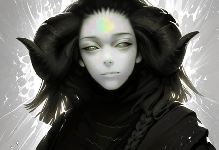 female, cel-shading, backlit, big eyes, cute eyes, delicate features, long hair, (braided hair), black hair, portrait, smug, seductive eyes,   techwear, cyborg, cybernoir, heavy rain, rainrops, (((dark))), sexy, sensual glare, teal eyes, black sclera,  big chest, solo, extreme closeup, h0rns, ram horns, broken glass, reflection, upper body,