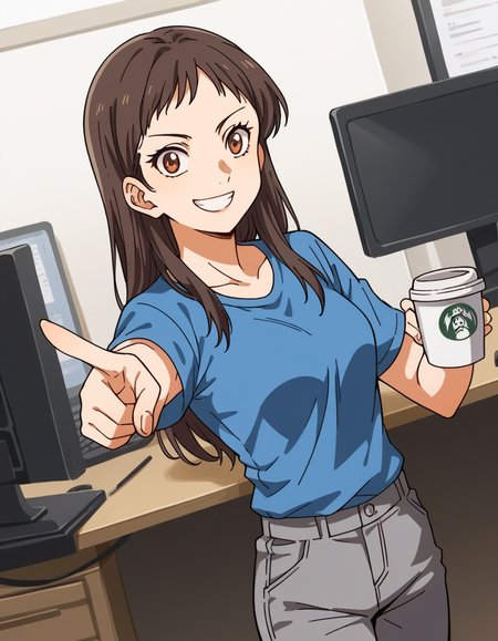 score_9, score_8_up, score_7_up, source_anime, <lora:emi-igawa-s1-ponyxl-lora-nochekaiser:1>,, emi igawa, long hair, brown eyes,, shirt, pants, blue shirt, grey pants, capri pants,, home office, working from home, computer screen, coffee cup, focus, deadline, smile, , hand pointing index finger, solo,, cowboy shot, dutch angle