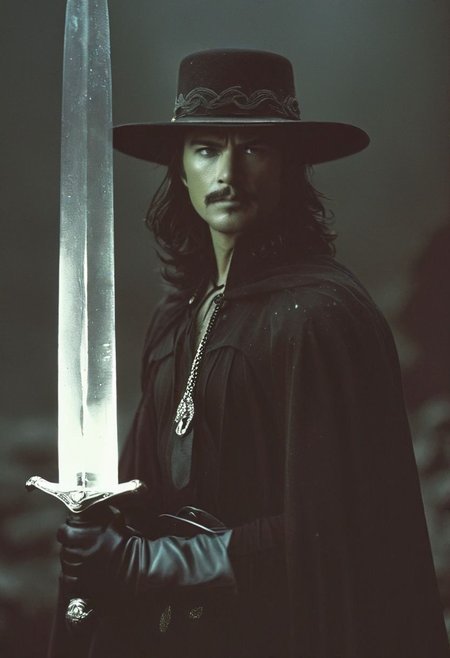 Adorned in a mask and cape reminiscent of D'Artagnan's era, a skilled Zorro busty swordswoman looking serious to viewer, moonlight greatsword ,holding sword, glowing weapon,, her eyes gleaming with triumph. 
atmospheric haze, Film grain, cinematic film still, highly detailed, high budget, cinemascope, moody, epic, OverallDetail, gorgeous, 2000s vintage RAW photo, photorealistic, candid camera, color graded cinematic, eye catchlights, atmospheric lighting, skin pores, imperfections, natural, shallow dof