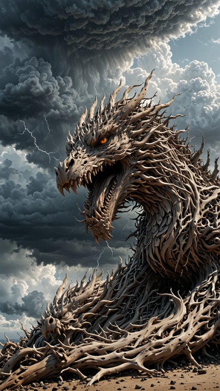 (huge Driftwood Dragon), Epic Cinematic scene, creepy, Grey smoke, storm, (large dark clouds), lightning bolts, 3d render, strong, insanely intricate details, (masterpiece), UHD, <lora:Driftwood_Detailed_Art_-_By_DICE:0.7>, driftwood, <lora:Jugg_XL_Cinematic_Beasts:0.7>, (DEVIL SPAWN clouds)
