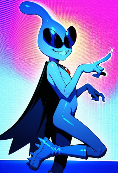 masterpiece, ultra detailed, amazing quality, absurdres, very aesthetic, solo focus, male focus, 1boy, 
orbulon_WW, white skin, alien, three fingers, sunglasses, covered eyes, knee boots, white footwear, spiked footwear, standing, brooch, cape, torn cape, :3, grin, teeth, sparkle, hands up, pointing, turning head, from side, leg up, standing on one leg, cowboy shot, slim, small butt, 
BREAK 
detailed shading, shadow, psychedelic background, multi-colored, WaiIL25PosC, g0th1c, glowing, neon lights,