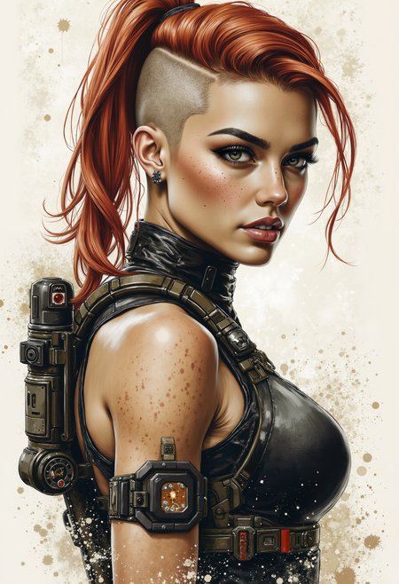 pst010, realistic masculine woman, copper red hair, shaved sides and back, cyberpunk, sci fi gear, strong jaw grey eyes,