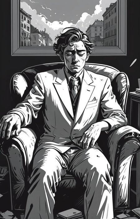 masterpiece,best quality,<lora:tbh373-sdxl:0.6>,illustration,style of exhausted people ,greyscale and white,comic portrait of noble man
