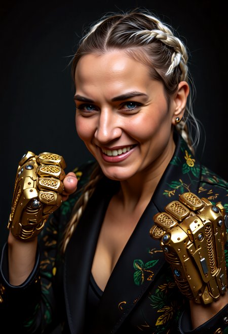 close-up portrait,  real estate agent, middle-aged well-proportioned, native Hawaiian, blue eyes, chiseled jaw, oblong face shape, silver box braids hair, laughing, character assumes a martial arts stance, prepared for combat, wearing island Hawaiian cyberpunk print with dark leggings, digital holo-metallic blazer, mechanical_arms made of Gold-plated bionic enhancements with intricate filigree patterns, opulent appearance, regal gold color, a person with a crude bionic eye, gritty urban cyberpunk environment, intense expression, confident demeanor, blending traditional Hawaiian culture with futuristic technology   <lora:BionicProsthetic_Eye_-_Warhammer_40000_Flux.safetensors:1.0>, <lora:flux/fantasy_portrait_by_cosmic.safetensors:1.0>,  <lora:Sinfully_Stylish_1.0_Flux.safetensors:1.0>, sinfully stylish,