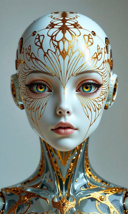 A female robot with porcelain white skin, with intricate golden radial markings forming beautiful organic shapes on his face when viewed from the front. Transparent glass body with beautiful details and delicate skin. Symmetry, fascinating eyes and volumetric lighting create a striking portrait.<lora:flux1-D\flux.1_lora_flyway_Epic-Characters_v1.safetensors:0.7000000000000001:1.0> <lora:flux1-D\flux_realism_lora.safetensors:0.4:1.0>
