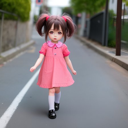 cartoonish_doll,  cute little 5 years old  girl walking in the street,  masterpiece, 4k,  sharp focus,