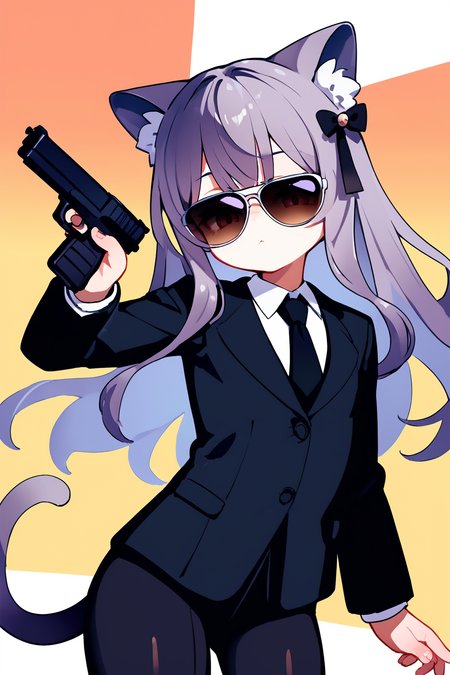 (score_9,score_8_up,score_7_up), shiny skin, 1girl, <lora:Milk_PonyXL_v1:1>, cat ears, animal ear fluff, long hair, light purple hair, grey hair, brown hair, hair bow, pom pom hair ornament, cat tail, suit, blazer, black necktie, flat chest, sunglasses, holding gun, handgun,