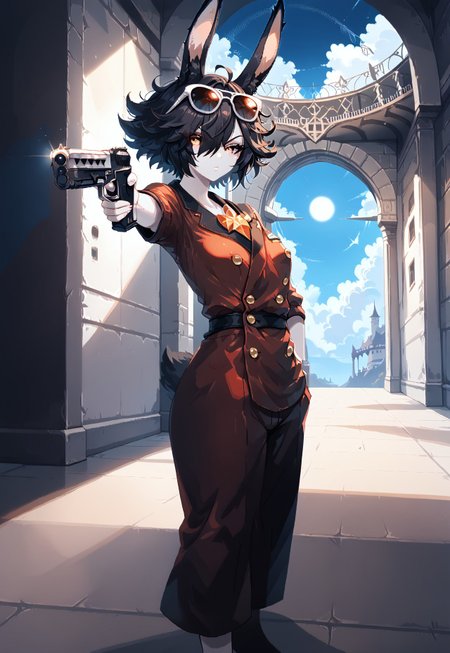 safe_pos, score_9, score_8_up, score_7_up,itzah,
BREAK,rabbit girl,monster girl,dark sclera,(flat breasts),mature woman,serious expression,short black hair,hair over eye,messy hair,(black fluffy rabbit ears:1.3),(pale skin),orange eyes,rectangular sunglasses,(double-breasted suits),,front angle,mansion scenery,indoors,hallway,(imposing vibes),night time,dynamic lightning,(slender figure),holding weapon, holding gun, handgun, hand in pocket, aiming
