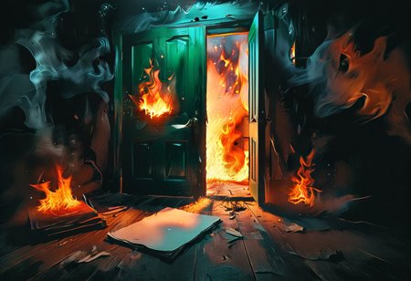 <lora:flame silhouette:1>,  <lora:flame:1>, flame,
burning office green door, office,
graphic style of novel comics, perfect hands, 2d,
8k, hyperrealism, masterpiece, high resolution, best quality, ultra-detailed, super realistic, Hyperrealistic art, high-quality, ultra high res, highest detailed, lot of details, Extremely high-resolution details, incredibly lifelike, colourful, soft cinematic light,