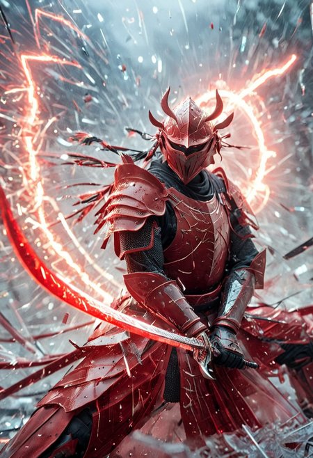 1man, armored samurai in red armor, wearing samurai helmet and armor, Incoming sword, broken glass, reflection, glowing lightning slash, red katana, red lightning, shatter, holding sword, glowing sword, motion blur, emphasis line, outdoor in the darkness, looking viewer,