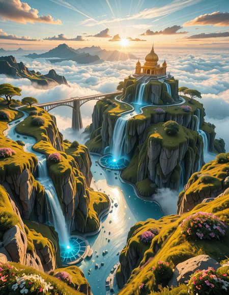 A mesmerizing celestial background featuring an otherworldly paradise. Towering crystalline mountains with peaks that glow softly under a sky painted in shifting hues of iridescent blues, pinks, and golds. Rivers of liquid light flow through vast, open meadows filled with luminescent flowers that pulse with a gentle glow. Gigantic, translucent trees with silver leaves sway in a breeze that carries floating particles of golden dust. Suspended bridges made of shimmering energy connect ancient, floating monoliths engraved with intricate celestial patterns. In the distance, an enormous radiant waterfall cascades into a bottomless, mist-covered abyss, reflecting the surrounding ethereal glow. A tranquil atmosphere, untouched and divine, filled with an overwhelming sense of wonder and serenity.
<lora:SDXLFaeTastic2400:0.4> <lora:extremely_detailed:0.4> extremely detailed,heavenly l4ndsc4p3, <lora:heavenly_l4ndsc4p3-i:1>, Masterpiece,best quality,hi res,8k,hi res,8k,award winning,(sharp focus, intricate, highly detailed),