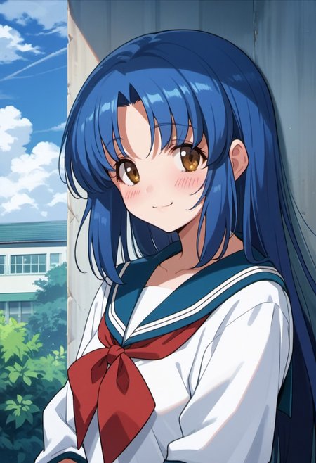 score_9, score_8_up, score_7_up, source_anime,  shimizu sayaka, long hair, blue hair, brown eyes, 1girl, solo, school uniform, blush, peeking out, serafuku, :3, looking at viewer, day, smile, anime coloring, outdoors, cloud, blue sailor collar
