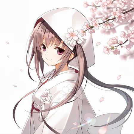 <lora:Sakura_no_Toki_art_n16c16_nai_Loha:1.4>,Sakura no Toki art,
<lora:Tokugawa_Tone_1_nai:1>,Tokugawa Tone,twintails,very long hair,uchikake,
1girl,solo,from_side,looking at viewer,depth of field,lens_flare,smile,simple background,cherry blossoms,falling petals,wind,