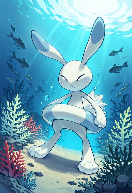masterpiece, best quality, no humans,    zzWarabbit, underwater scene, kelp forest, glowing light rays, serene pose, floating debris, calm atmosphere, soft shadows â Beneath the surface, zzWarabbit glides silently through swaying kelp, light shafts breaking through above like divine beams. Tiny air bubbles spiral upward around it as it passes a school of darting fish, the entire underwater world pulsing with gentle, dreamlike stillness.  <lora:WarabbitPokedex_IXL:1.0>,