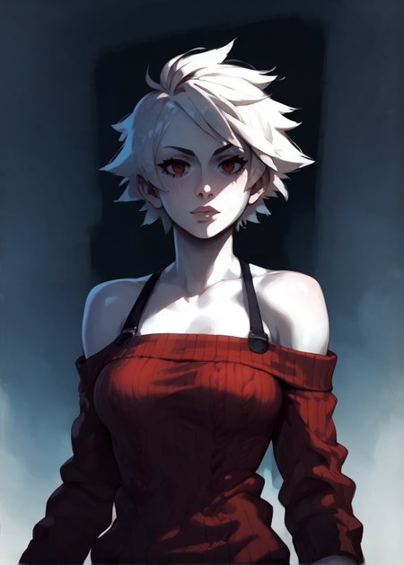 white skins, spiky red short tomboy hair, neutral expression, tight sweater, <lora:NAHIRI:1> nahiri, 1girl, solo, short hair, breasts, bare shoulders, white hair, colored skin,  <lora:RD-MAnon-XLV1.1:1>  female,, source_anime, score_9_up,  score_7_up, score_8_up