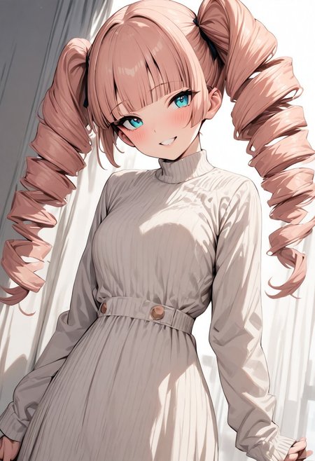 masterpiece, best quality,  1girl, solo, twin drills, twintails, blunt bangs, soft peach hair, aqua eyes, smile, long sleeves, white dress,