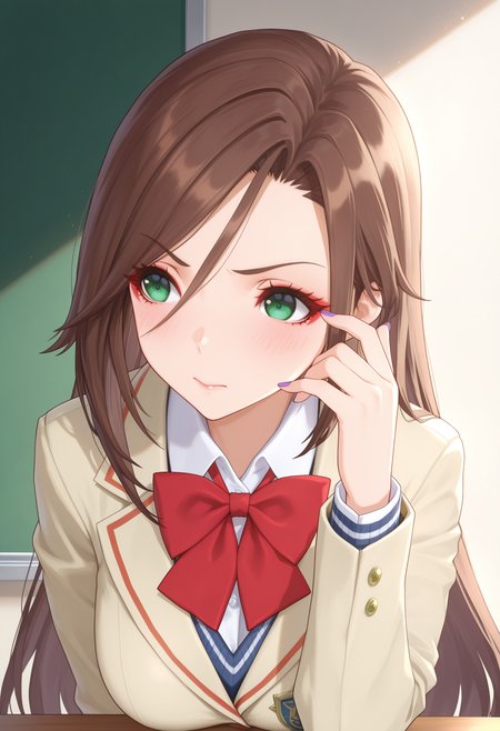 masterpiece, best quality, good quality, 1girl, solo, school uniform, alexandria, green eyes, eyeliner, long hair, no headwear, purple nails<lora:alexandria illustrious 111:1>