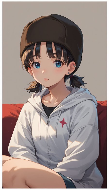 score_9, score_8_up, score_7_up, source_anime, 
 <lora:OUTPUT NAME:1> gupnina, 1girl, short hair, blue eyes, black hair, short twintails,low twintails animal hood, bangs, beanie, blonde hair, blue eyes, border, ear piercing, earrings, eyebrows visible through hair, hat, hood, hood down, hooded jacket, hoodie, jacket, jewelry, looking at viewer, piercing, short hair, sitting, solo, stud earrings, white hoodie