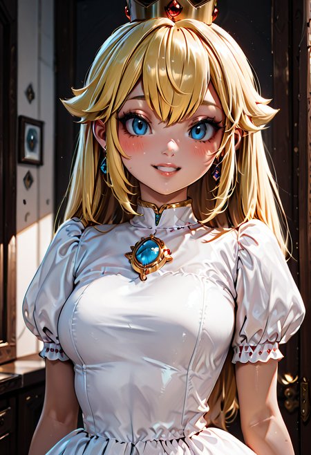 masterpiece, best quality, 1girl, solo, eyelashes, (beautiful eyes),   1girl, solo, long hair, breasts, looking at viewer, blush, smile, bangs, blue eyes, blonde hair, dress, jewelry, medium breasts, upper body, short sleeves, earrings, parted lips, teeth, puffy sleeves, indoors, white dress, puffy short sleeves, lips, blurry background, crown, brooch, gem, princess peach   ,  <lora:BeautifulCAT_IXL_v2:1.0>,