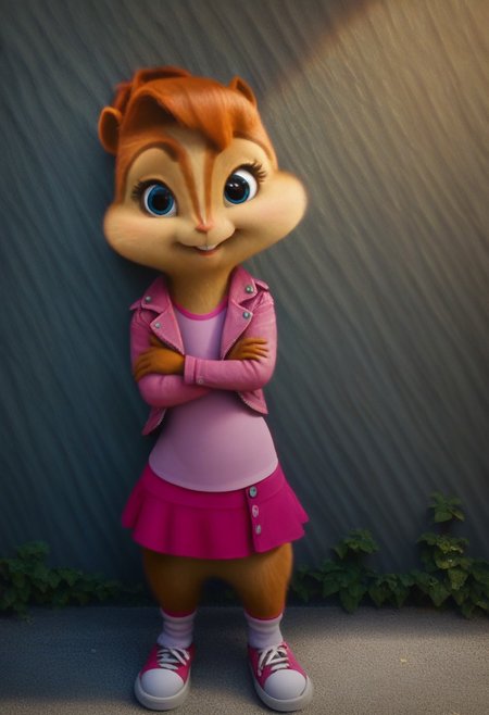 score_9, score_8_up, score_7, score_6, detailed background, town, streets, trees, brittany miller, chipmunk, furry, short ears, jean jacket, pink shirt, pink mini skirt, socks, sneakers, standing, leaning against wall, crossed arms, looking at viewer, front view, cute smile, 6 inches tall