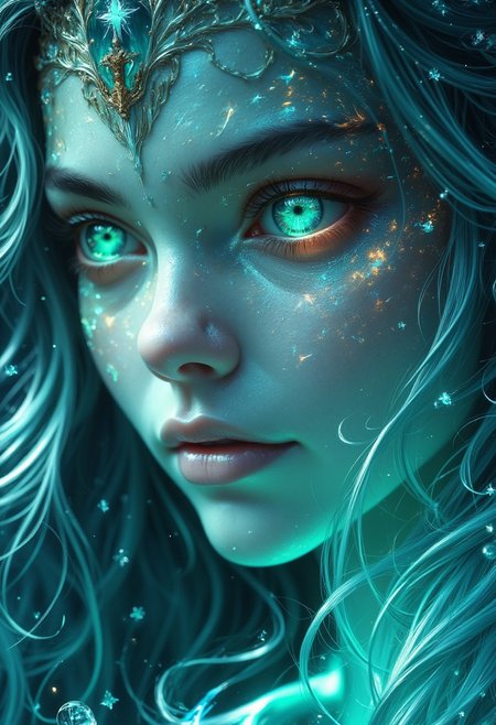 Create a  image of a fantasy maidens face. he put on head a crown,  Her skin glows with a white ,ethereal light and is adorned with tattoos that cover her face in intricate patterns. The tattoos emit a magical glow that illuminates her delicate features. Her eyes are large and bright,subtly changing between shades of green and white,as if holding an ocean within them. Her long,silver hair frames her face,adding a splash of magic to the scene. The background features a starry hell that enhances the dreamy atmosphere,fantasy art