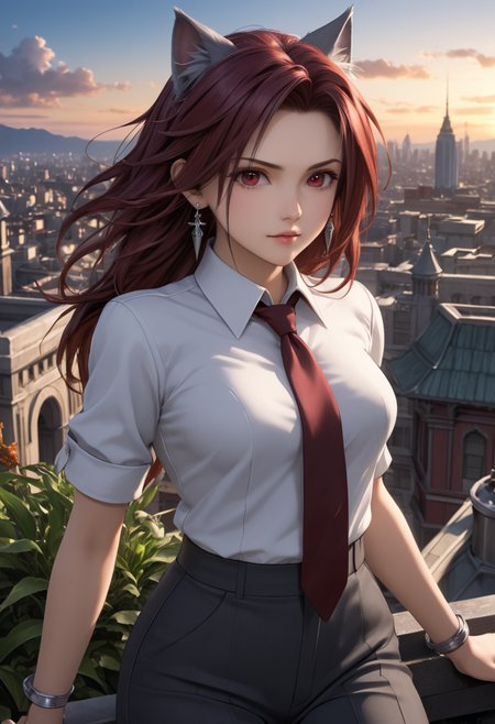score_9, score_8_up, score_7_up, score_6_up, dynamic, (anime, masterpiece), best quality, (8k), detailed background, sharp focus, intricate, ambient lighting, super high quality, hyper detailed background, cinematic lighting, mature, embedding:zPDXLxxx, final fantasy, ffVII, cissnei, cat ears, gently tousled dark red hair, striking auburn eyes, piercing gaze, quicksilver reflexes, silver earring glinting, intelligent and cunning persona, 1girl, eechi,  fitted charcoal pants suit paired with a silky maroon tie ,  Running with purpose hair trailing dramatically ,  Sleek rooftop gardens with panoramic skyline views , addDetailXl.MLUV, (Nyaomi:0.25), Expressiveh<lora:cissnei-ff-richy-v1.safetensors:0.75:0.75> <lora:Expressive_H-000001.safetensors:1.0:1.0> <lora:Nyaomi.safetensors:0.25:0.25> <lora:addDetailXl.MLUV.safetensors:1.0:1.0>