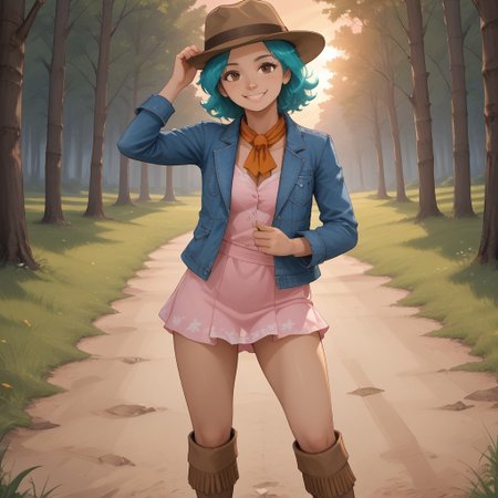 score_9, score_8, BREAK, solo, aqua blue hair, fedora hat, brown eyes, blue denim blazer, short dress, winter boots, ddr, Rena_(DDR_2010), cute, sexy pose, self portrait, smile, outdoors, sunlight, shadows, evening lighting, natural lighting, forest, trees, grass, orange sky, sunset