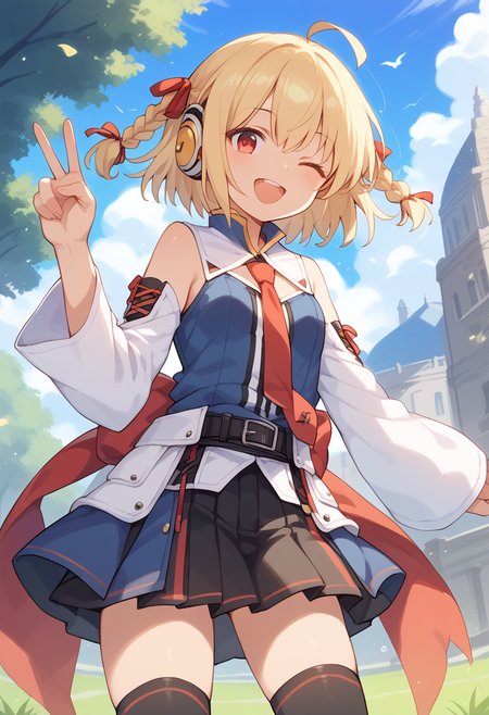 score_9,score_8_up,score_7_up,score_6_up,score_5_up,score_4_up,masterpiece,best quality,1girl,solo,xiatian,dark skin,red eyes,blonde hair,short hair,twin braids,braid,hair ribbon,yellow headphones,detached sleeves,white sleeves,black line sleeves,bare shoulders,red necktie,thighhighs,black skirt,black belt,<lora:xiatian:1>,cowboy_shot,dynamic_angle,looking_at_viewer,wink,open mouth,smile,v,standing,park,cloud,