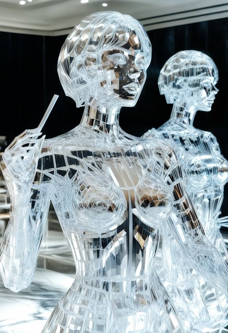 1girl, solo,medium breast, simple background, white background, glassg1rl, glass girl, clear clothes, glass clothes, standing, 
upper body,  front view , short  hair, clear hair, glass hair ,, glass face, face, transparent ,night,glass statue,action pose  <lora:glass-girl-02:1>