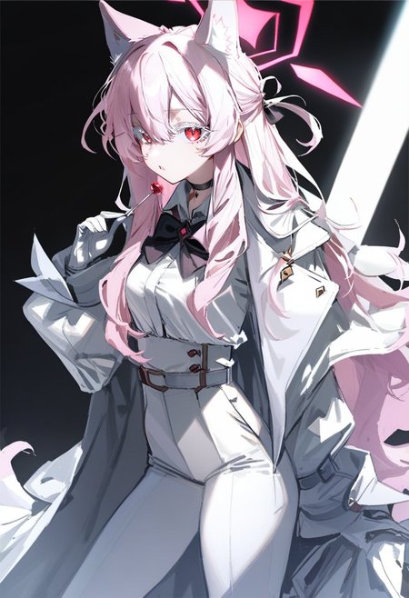 masterpiece, best quality,<lora:QUASARCAKE_XL_ANI31_lokr_V42310:0.95> 1girl, solo, animal ears, white pants, halo, long hair, pants, white gloves, red eyes, gloves, colored eyelashes, food, holding, animal ear fluff, lollipop, shirt, choker, white shirt, cat ears, black choker, candy, white belt, looking at viewer, belt, white hair, long sleeves, bow, black bow, holding food, bowtie, high-waist pants, holding candy, shirt tucked in, hair between eyes, holding lollipop, coat, black bowtie, white coat, jewelry, cape, pink hair, parted lips, hand up, coat on shoulders, white cape