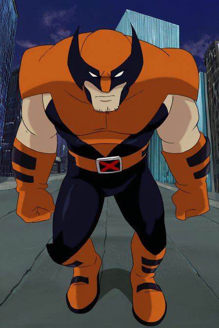 masterpiece, best quality, highres, newest, wolvevo, 1boy, solo, male focus, mature male, facial hair, stubble, bodysuit, orange bodysuit, black bodysuit, two-tone bodysuit, short sleeves, orange gloves, mask, covered eyes, white eyes, no pupils, belt, muscular, clenched hands, looking at viewer, standing, full body, outdoors, city, building <lora:Wolverine (Logan) X-Men Evolution (First Suit+Logan) v1.1 [LoRA] - NoobAI-XL EPS 1.0:0.8>