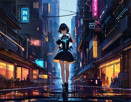 cybernetic robot <lora:cwhyberponk1:1>,cwhyberponk1,r0k@p@nk,cwhyberponk0,cwhyberponk,str33tv13w,, scenery, city, cityscape, science fiction, city lights, street, neon lights, realistic, cyberpunk, dark,, Alice Cullen, (Height, Petite, standing at approximately 4 feet 10 inches:1), (Build, Slim and graceful, with a delicate frame that emphasizes her agility and speed:1), (Hair, Short, spiky, and jet-black hair, styled in a tousled, pixie-like fashion, giving her a playful and unique look:1), (Eyes, Golden or amber-colored eyes, eyes are large and expressive, adding to her charming and mischievous aura:1), (Skin, Pale, alabaster skin that sparkles like diamonds in sunlight, as typical of vampires in the Twilight universe:1), . android, AI, machine, metal, wires, tech, futuristic, highly detailed,<lora:cwhyberponk1:1>,cwhyberponk1,r0k@p@nk,cwhyberponk0,cwhyberponk,str33tv13w,, scenery, city, cityscape, science fiction, city lights, street, neon lights, realistic, cyberpunk, dark,, Alice Cullen, (Height, Petite, standing at approximately 4 feet 10 inches:1), (Build, Slim and graceful, with a delicate frame that emphasizes her agility and speed:1), (Hair, Short, spiky, and jet-black hair, styled in a tousled, pixie-like fashion, giving her a playful and unique look:1), (Eyes, Golden or amber-colored eyes, eyes are large and expressive, adding to her charming and mischievous aura:1), (Skin, Pale, alabaster skin that sparkles like diamonds in sunlight, as typical of vampires in the Twilight universe:1), . ,