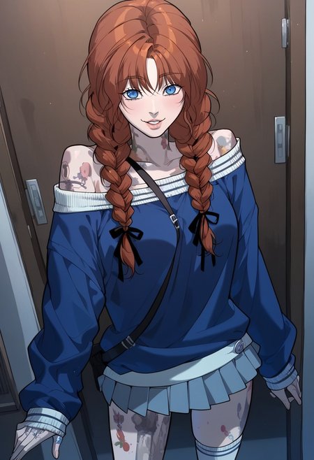 score_9, score_8_up, score_7_up, uncensored, Expressiveh BREAK 1girl, solo, killerpetermatthew, brown hair, twin braids, blue eyes, tattoo, blue sweater, off shoulder, pleated skirt, black hair ribbon, white socks, leg tattoo, seductive smile, parted lips, cowboy shot, looking at viewer, closeup, dynamic angle, standing, <lora:KillerPeterMatthew:0.9> <lora:add-detail-xl:0.6> <lora:cfg_scale_boost:0.5> <lora:Expressive_H:0.6>