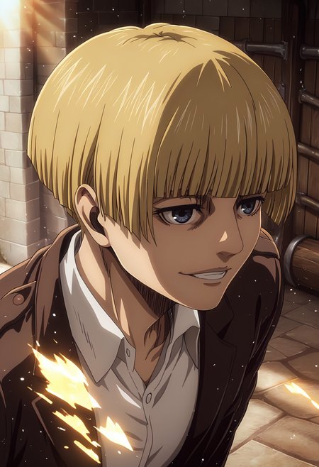masterpiece, best quality, 32k, high resolution, absurdres
1girl, solo, yelena, blonde hair, dark blue eyes, short hair, bowl cut, blunt bangs
formal, white shirt, black jacket, long sleeves,
closeup to face, portrait, light smile, grin, outside border
indoors, Attack on Titan city, Marleyan headquarters, fantasy office
motion lines, from both sides, light particles, dynamic angle,  cinematic angle, various angles, detailed background, beautiful background, (rays light:1.0),(grow:1.0) vivid colors, shiny and glossy, anime style, high-res, beautiful aesthetic, very intricate, high-quality details, vibrant, 
<lora:add-detail-xl:1.10> <lora:spo_sdxl_10ep_4k-data_lora_webui:0.95> <lora:noobai_ep11_stabilizer_v0.138_fp16:0.6> <lora:StS-Illustrious-Detail-Slider-v1.0:1.10> <lora:cfg_scale_boost:0.95> <lora:nyalia:0.20>    <lora:lora.TA_trained:1>