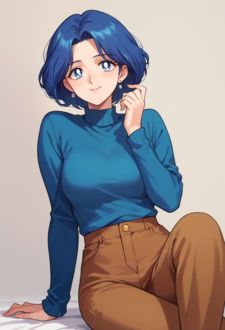 (masterpiece), best quality, a 30-year-old woman with (blue bob hair) and blue eyes, she wears a (cyan blue sweater) (long sleeves) and (brown pants), light smile, mature female, motherly, score_9, score_8_up, score_7_up, source_anime, score_9, score_8_up, score_7_up, sm90s