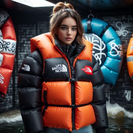 dark cinematic still with dark vibes, full body shot of life jacket  british 25 year old women  wearing an Graffiti-inspired designs   extra_puffy_jacket tnf_nuptse,  unique hair styles,   looking at the camera, shallow depth of field, 8k uhd, dslr,  high quality, photorealistic, realism, hyperrealism,
, fine dining scene 
 <lora:Puffer_Jacket_and_Down_Jacket_-_Extra_Puffy_Jackets:0.6>,   <lora:pufferdown_tnf_nuptse:0.4>