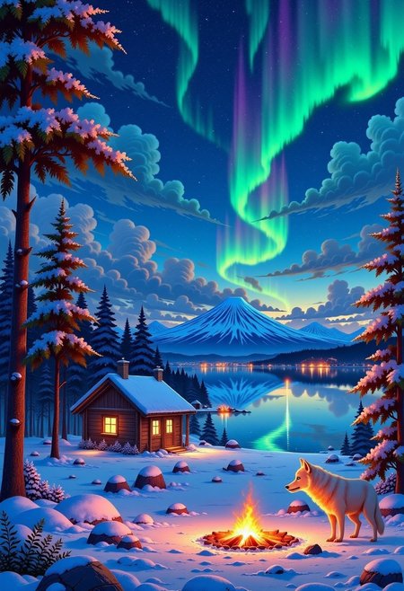 high quality, high definition, high resolution, 4k, shaders, better lighting, better quality, GHIBSKY style, GHIBSKY style painting, the central focus would be a giant white wolf with fluorescent blue eyes looking towards the horizon, in a snow-covered field with a large lake behind it, the sky would have a large aurora borealis that would be reflected in the lake, at the edge of the lake there would be a wooden cabin with warm lighting and a chimney from which smoke comes out, in the lake there would be a small fishing pier, in the background there would be a large volcano that would emit orange light from its crater, the sky would be dark